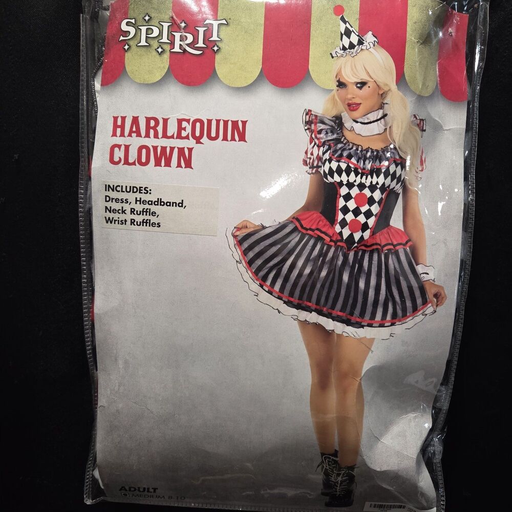 Harlequinn Clown Costume Adult M 8-10 Black Red White W/Extra Hair Ext *NO HAT